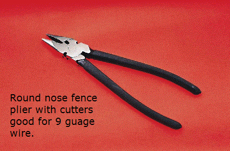 10" Round nose fence plier. Cutters cut 12.5 gauge, 210 KSI high tensile wire.